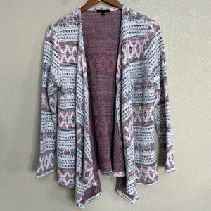 American Eagle Aztec Fair Isle Open Front Cardigan Sweater Gray Red XL